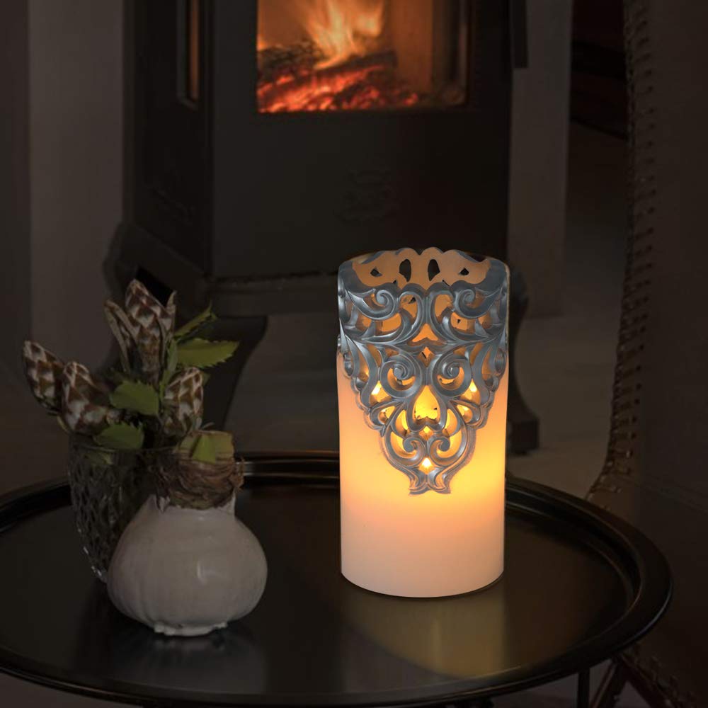 DRomance Hollow Silver Flameless Flickering Candles with 5H Timer, Battery Operated LED Pillar Candles Unscented Wax Warm Light Christmas Home Decoration(Set of 2, 3 x 6 Inches)