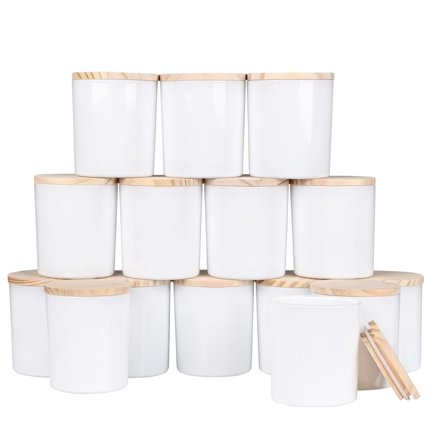 SHOWIN 10 OZ Thick Candle Jars for Making Candles 15 Pcs, Empty Jars with Wood Lids for Candle Making, Sample Container, Glossy White