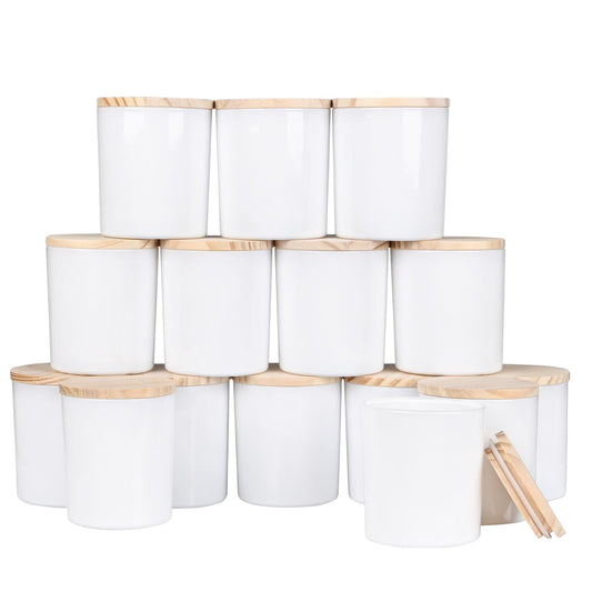 SHOWIN 10 OZ Thick Candle Jars for Making Candles 15 Pcs, Empty Jars with Wood Lids for Candle Making, Sample Container, Glossy White