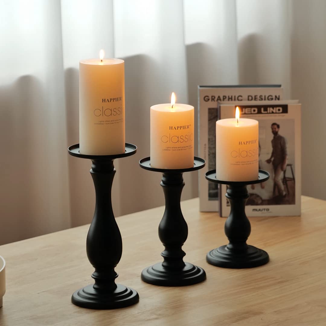 Matte Black Pillar Candle Holders Set of 3-10", 8", 6”H Candlestick Candle Holders Stand, Home Coffee Table Decor Decorations Centerpiece for Dining/Living Room