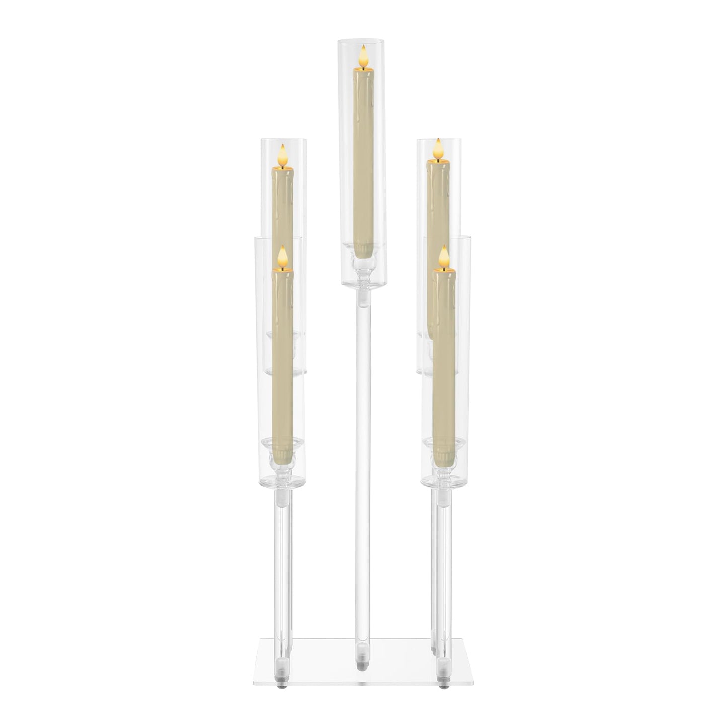 4Pcs 9 Arms Acrylic Candle Holder, Clear Candlestick Holder w/Acrylic Shade, 42.5In Tall Crystal Tapered Candle Holders Centerpieces w/Rectangular Base for Home Wedding Party (6Pcs 5Arms)