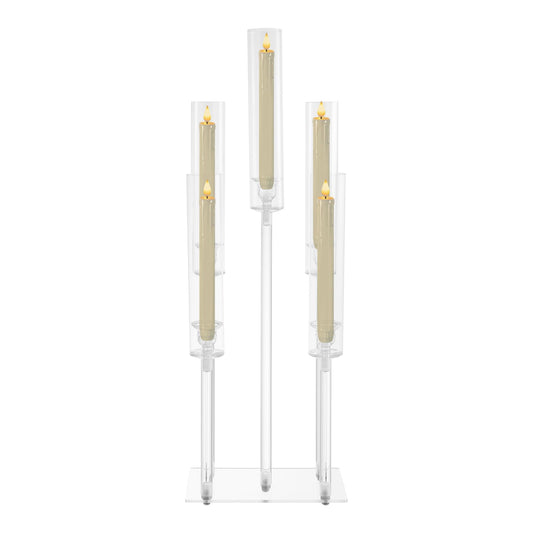 4Pcs 9 Arms Acrylic Candle Holder, Clear Candlestick Holder w/Acrylic Shade, 42.5In Tall Crystal Tapered Candle Holders Centerpieces w/Rectangular Base for Home Wedding Party (6Pcs 5Arms)