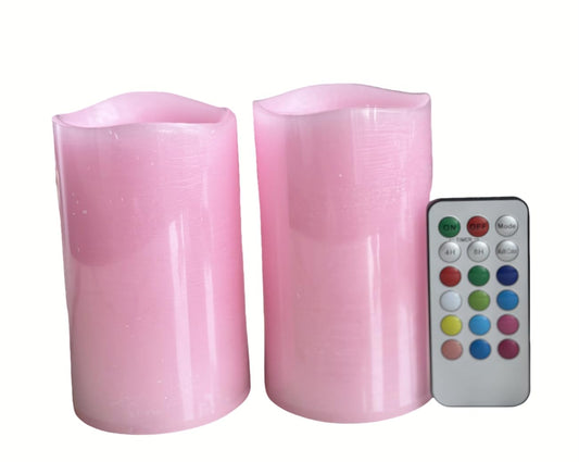 Adoria Pink Flameless Candles Set 2-Real Wax Pillar Candles Battery with Rose Scented, Dia3 XH5“-Multi Function Remote and Timer for Color Changing, Flickering, Home Decor.Camping,Party