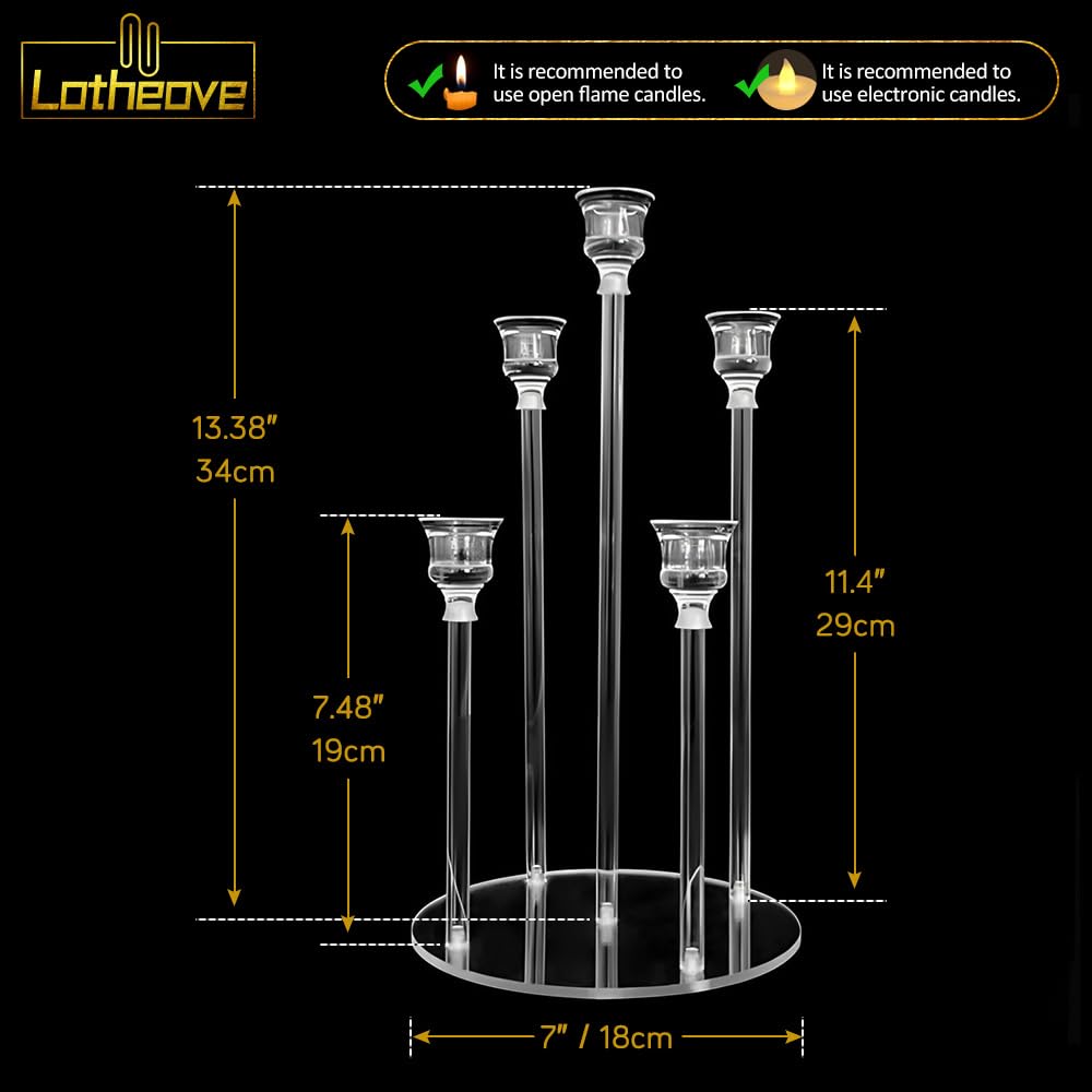 Acrylic Candelabra, 5 Arm Taper Candle Holders, Candle Centerpieces for Tables, Clear Candlestick Holder,Acrylic Candlestick Holder for Wedding, Party, Dining Table, Christmas Anniversary Decor
