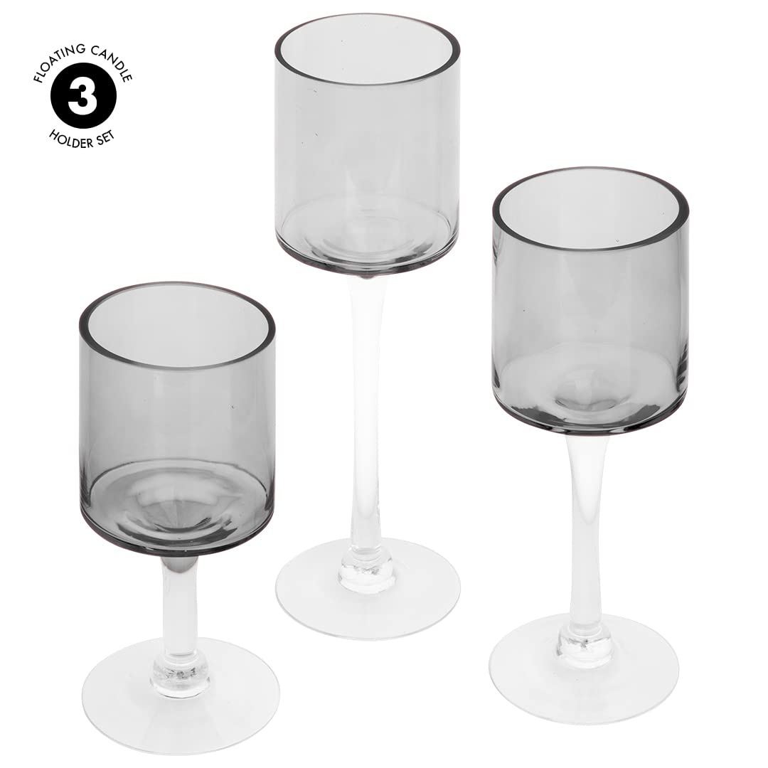 Koyal Wholesale 3Pcs Smoke Black Floating Candle Holder, Long Stem Candle Holders Set of 3, Black Tea Light Floating Candle Holder Centerpiece, Glass Stem Pillar Candle Holders Home Decor