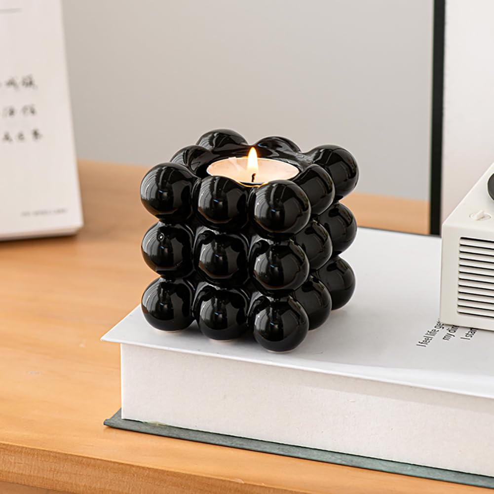 Ceramic Cube Golden Candle Holder Handheld Candlestick Holders Decorative Candle Stand Middle East Arabian Festival Candlestick Dining Table Party Home Decoration Ornament (Black)