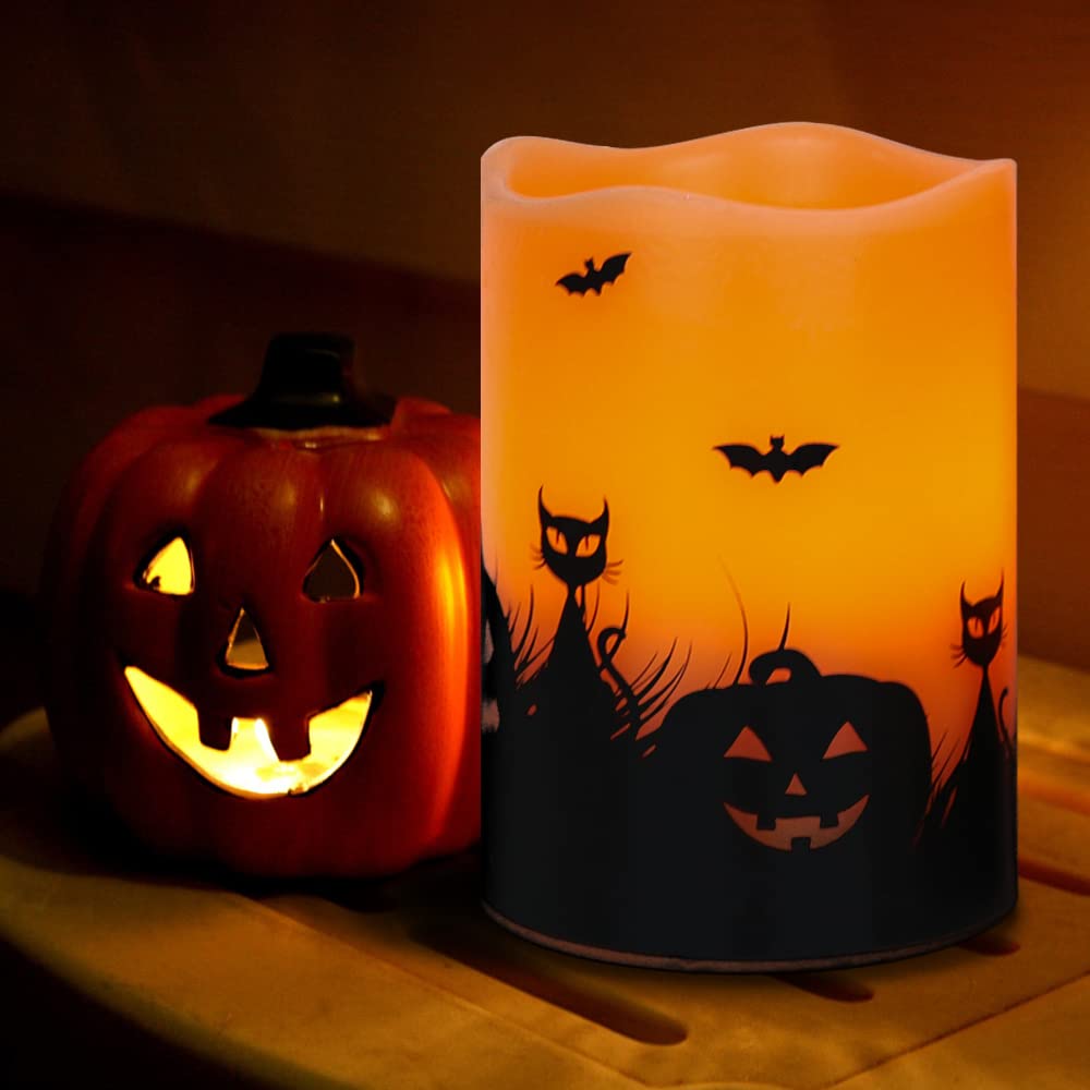 Lasumora Halloween Flameless Candles with 6-Hour Timer, Battery Operated Orange LED Pillar Candles Flickering Real Wax, Witch, Bats, Castle Decals Set of 3 for Halloween Decorations, D3”x H4” 5” 6”