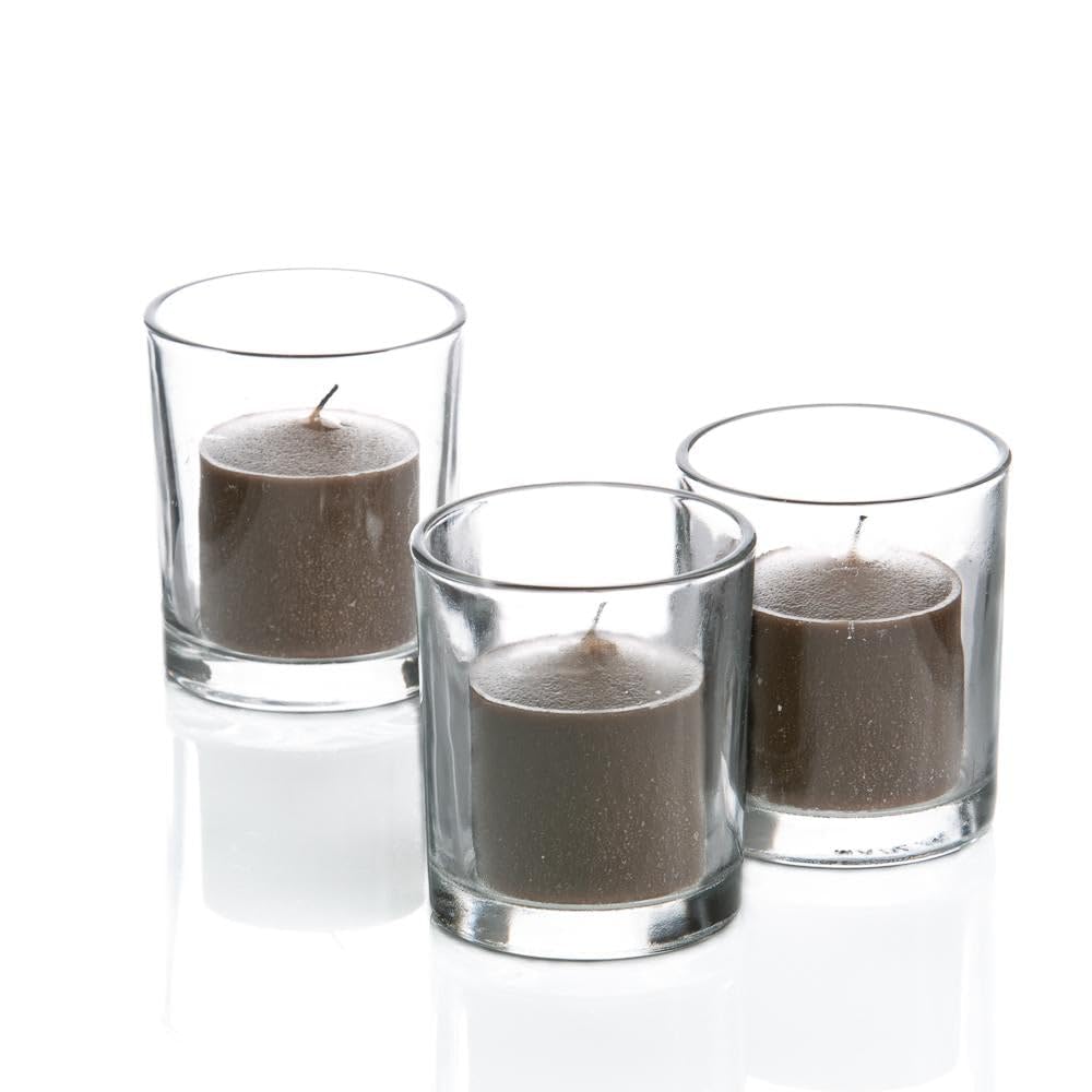 Set of 12 Richland Votive Candles Brown Unscented and 12 Clear Glass Eastland Votive Holders