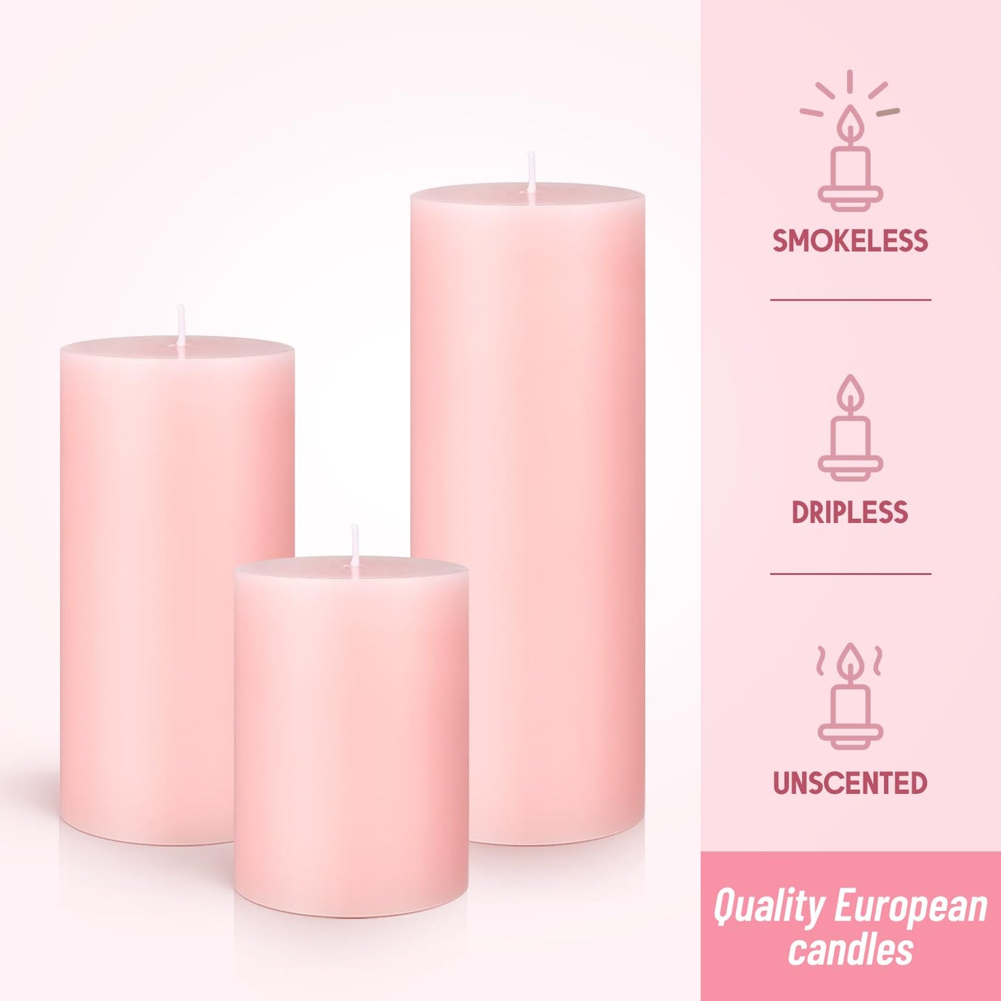 Sumind Set of 12 Pillar Candles Bulk 3"x 4", 6", 8" Dripless Unscented Poured Candles Long Clean Burning Tapers for Wedding Rustic Party Spa Bath Home Decor Relaxation All Occasions(Pink)