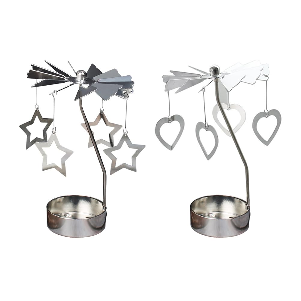 Gold Metal Candlestick Set of 2 with Rotating Star and Heart Design Spinning Windmill Candle Holder for Dining Table Home Decor Festive Decorations