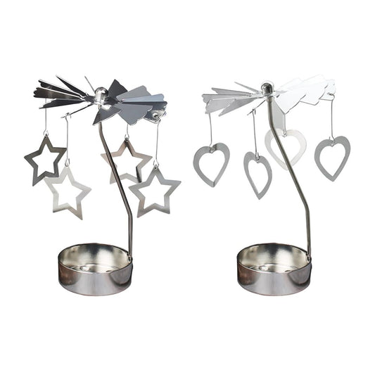 Gold Metal Candlestick Set of 2 with Rotating Star and Heart Design Spinning Windmill Candle Holder for Dining Table Home Decor Festive Decorations