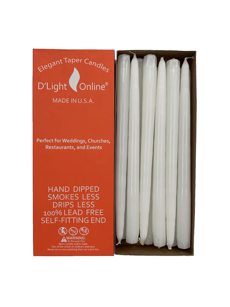 D'light Online White Taper Candles, 10 Inch Premium Quality Candles Hand-Dipped Tapered Candles, Dripless, Smokeless and Unwrapped Bulk Pack for Events - Set of 12 (10 Inch, White)