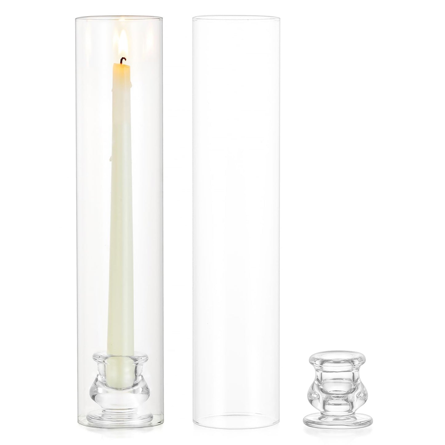 Inweder Glass Hurricane Candle Holder: 12" Tall Candlestick Holder with Cylinder Windproof Cover Clear Taper Candle Holders for Wedding Party Birthday Christmas Home Decor Set of 2