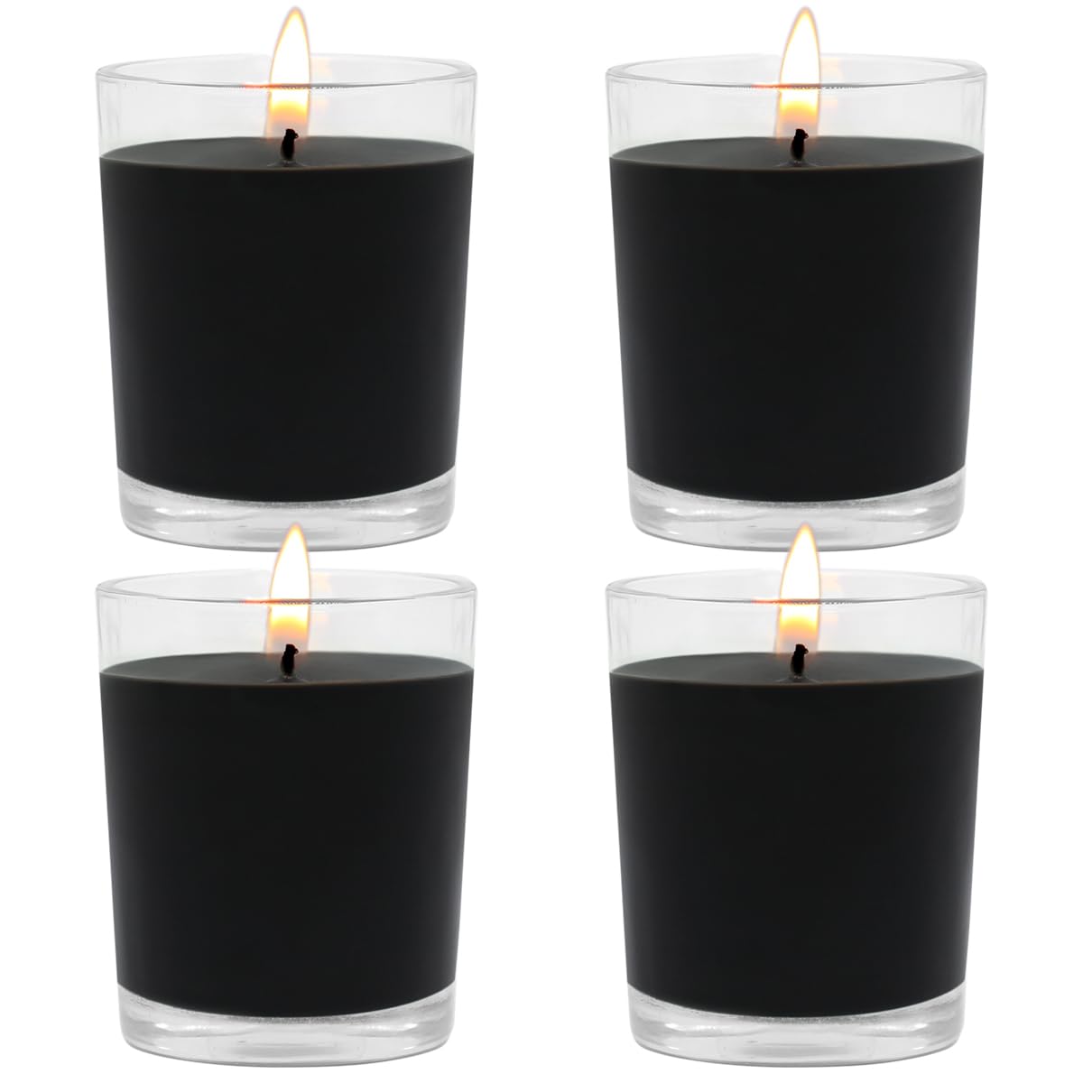 Set of 4 Black Votive Candles for Halloween Pumpkin, Clear Glass Filled Unscented Soy Wax Candle for Dinner, Parties, Home Decorations and DIY