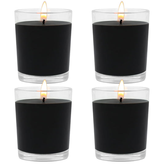 Set of 4 Black Votive Candles for Halloween Pumpkin, Clear Glass Filled Unscented Soy Wax Candle for Dinner, Parties, Home Decorations and DIY
