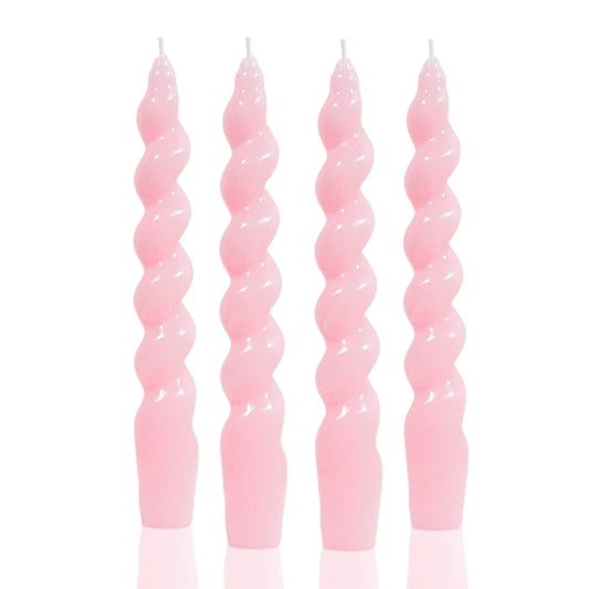 MAITREYA Pink Spiral Taper Candles - Handmade Twisted Conical Candles, Set of 4 for Decoration, Weddings, Parties, Church - Unscented, Dripless, 7.5 inch (Baby Pink)