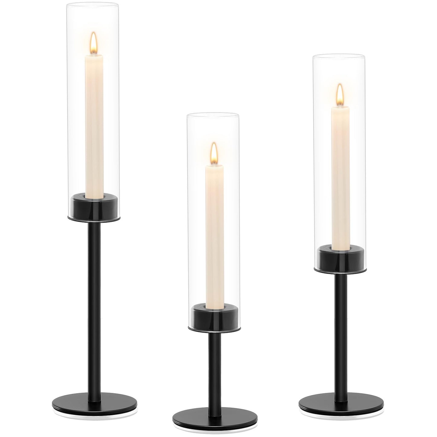 Black Hurricane Glass Candle Holders Set of 3, Tall Metal Taper Candle Stick Holder, Clear Candlestick Holders, Table Centerpieces Decor for Dining Dinner, Weddings, Christmas Fireplace Decorations