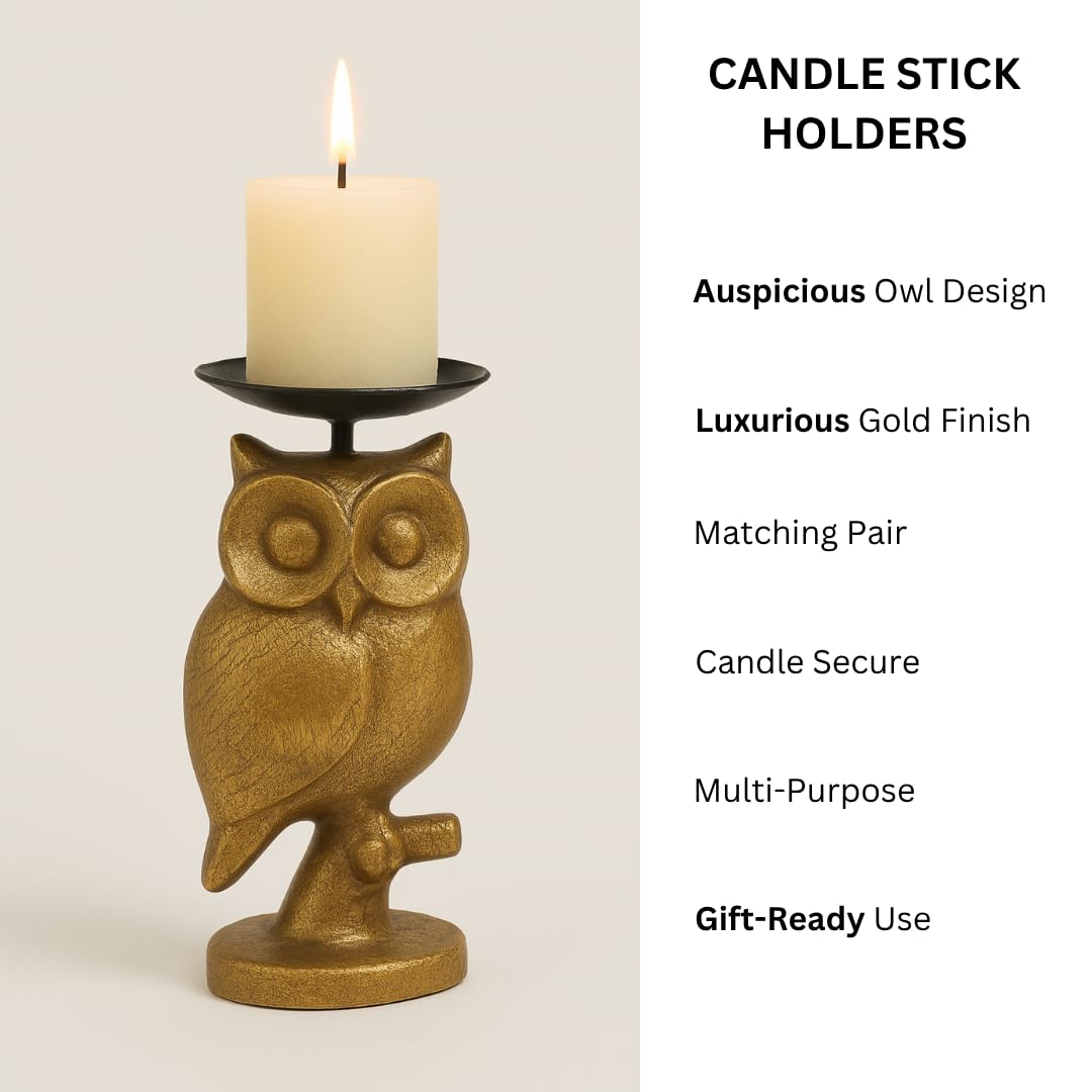 Gold Owl Candle Holder Set of 3 – Decorative Taper & Small Pillar Candlestick Holders for Table Centerpieces, Shelf & Living Room Décor