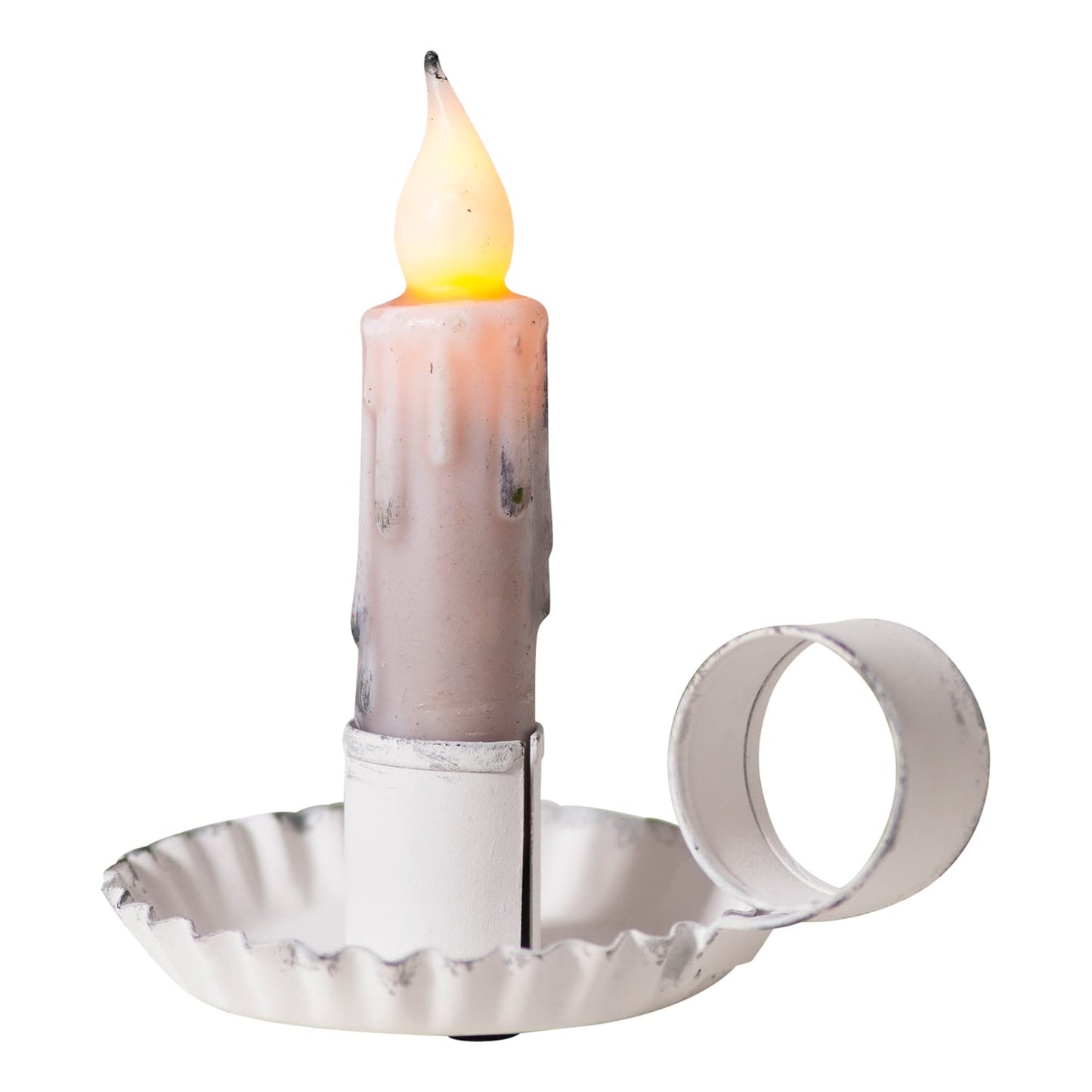 Irvin's Tinware, K15-07RW, Chamberstick Candleholder in Rustic White, Rustic Country Home Decor