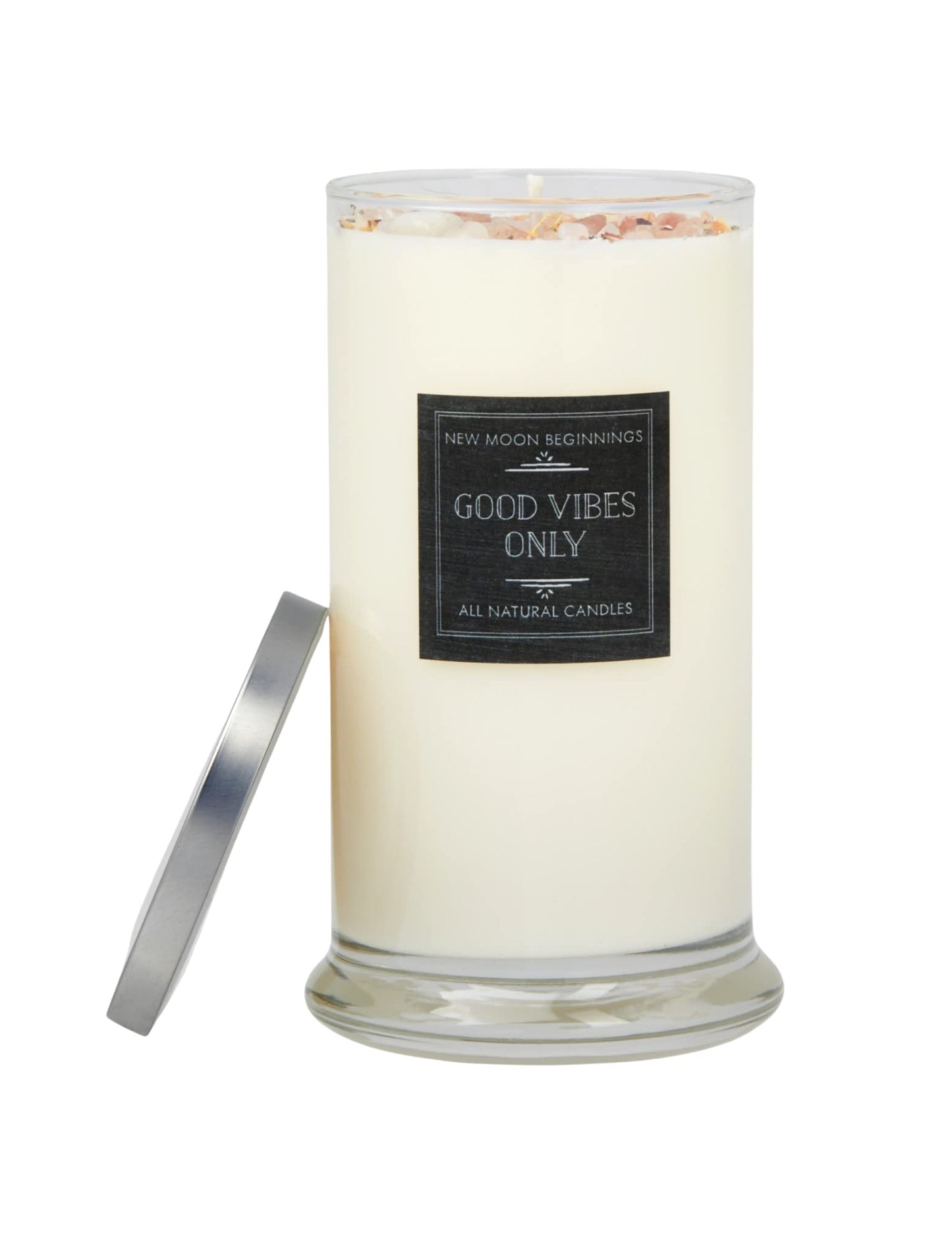 Good Vibes Only Candle by New Moon Beginnings - Negative Energy Cleansing - Soy Aromatherapy Candle - Handmade with Crystals & Herbs (21oz Round Glass)