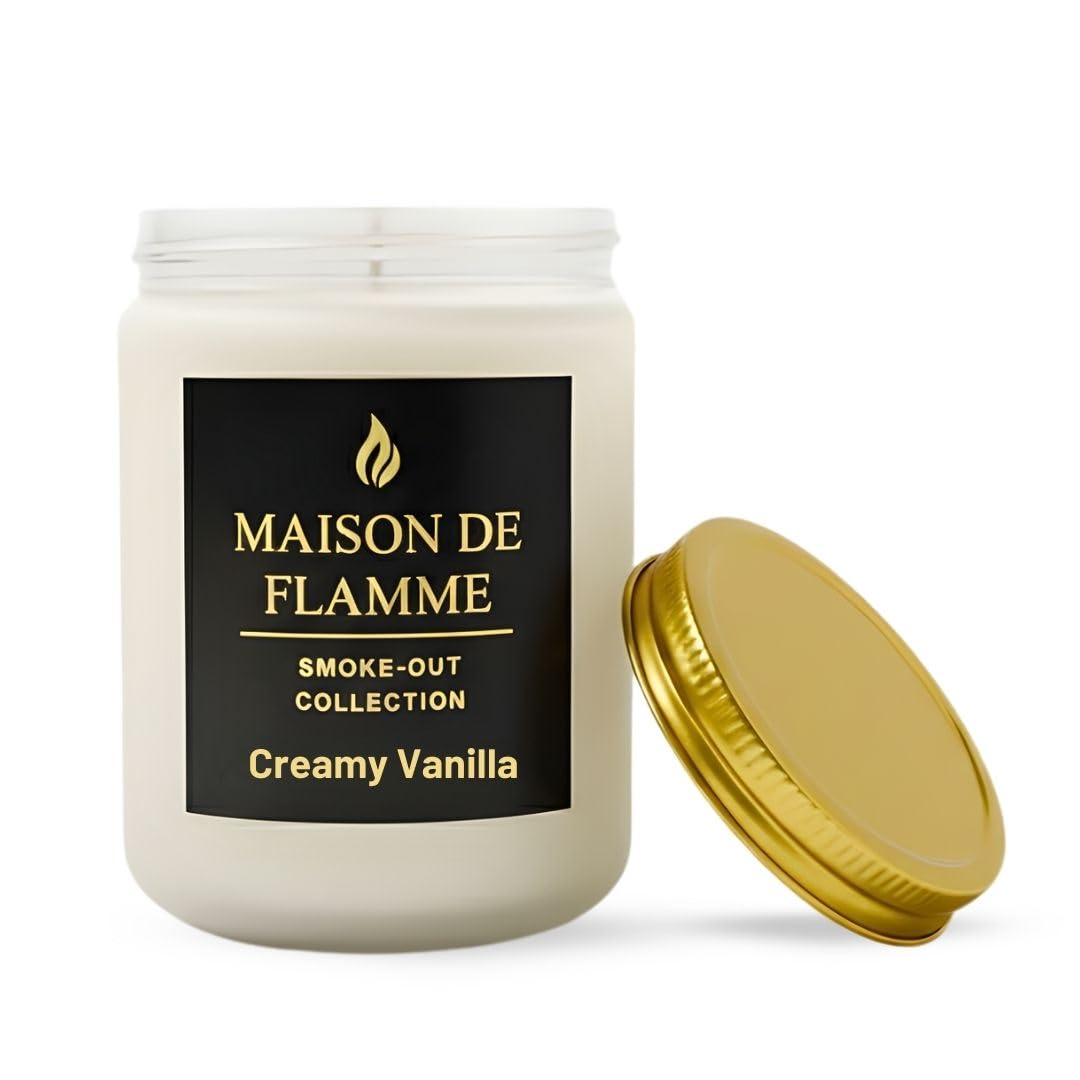 MAISON DE FLAMME Creamy Vanilla Odor-Eliminating Scented Candle, 200g/7oz White Jar – Long-Lasting Soy Wax Blend Candle for Smoke, Kitchen & Home Odors