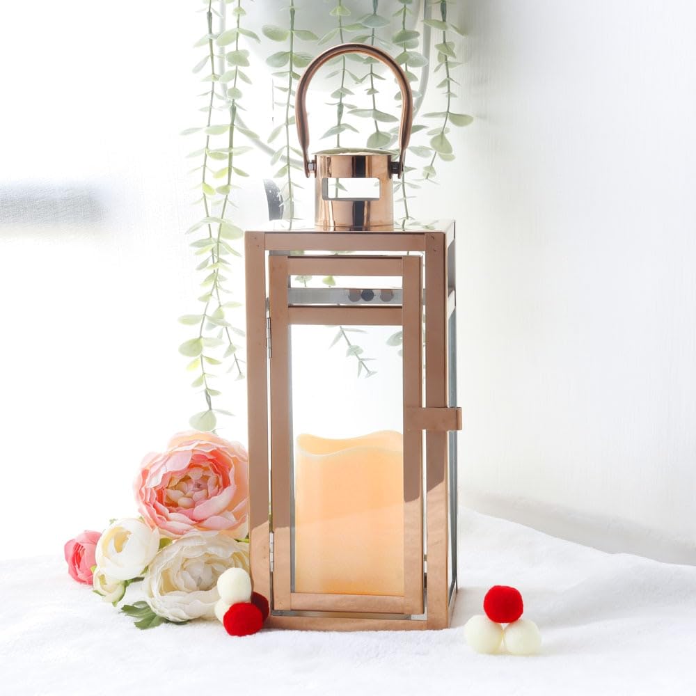 Candlestick Holders Stainless Steel Candle Holder Lanterns Rose Gold Hanging Lantern Candlestick Light for Indoor Outdoor Weddings Party Home Decor Candle Holders