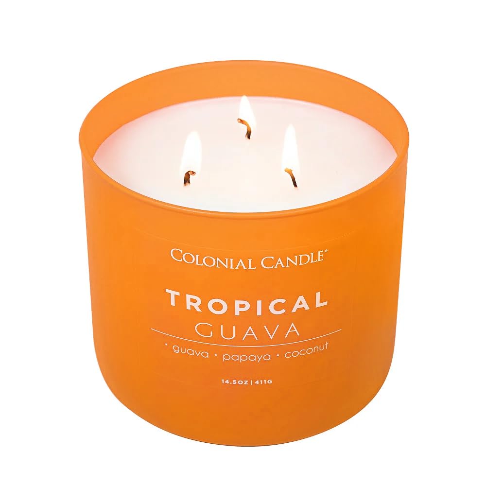 Colonial Candle Tropical Guava Scented Jar Candle, Pop of Color Collection, 3 Wick, 14.5 oz - Up to 60 Hours Burn