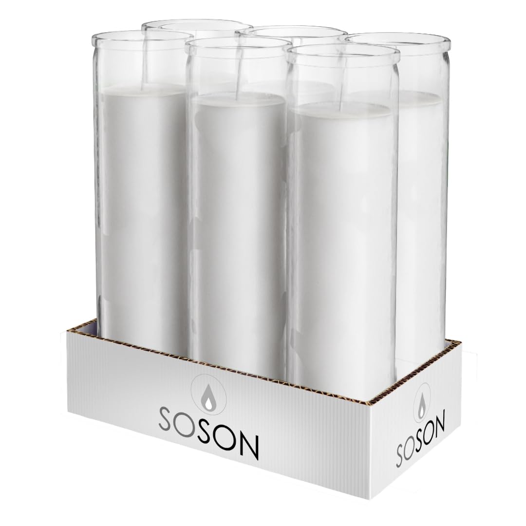 Simply Soson 2x8 inch White Devotional Candles in Glass Jar - 6 Pack - 90 Hours – Prayer Candle - Tall Pillar Candles for Religious, Memorials, Party Decor