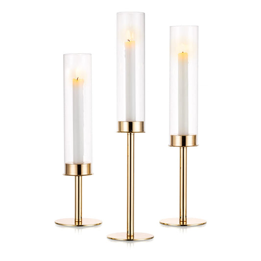 Nuptio Gold Candlestick Holder Tall Hurricane Candle Holder Set of 3 Taper Candle Holders Candle Stand Glass Cover Candlesticks Holders Table Centerpiece for Wedding Party Birthday Christmas Decor