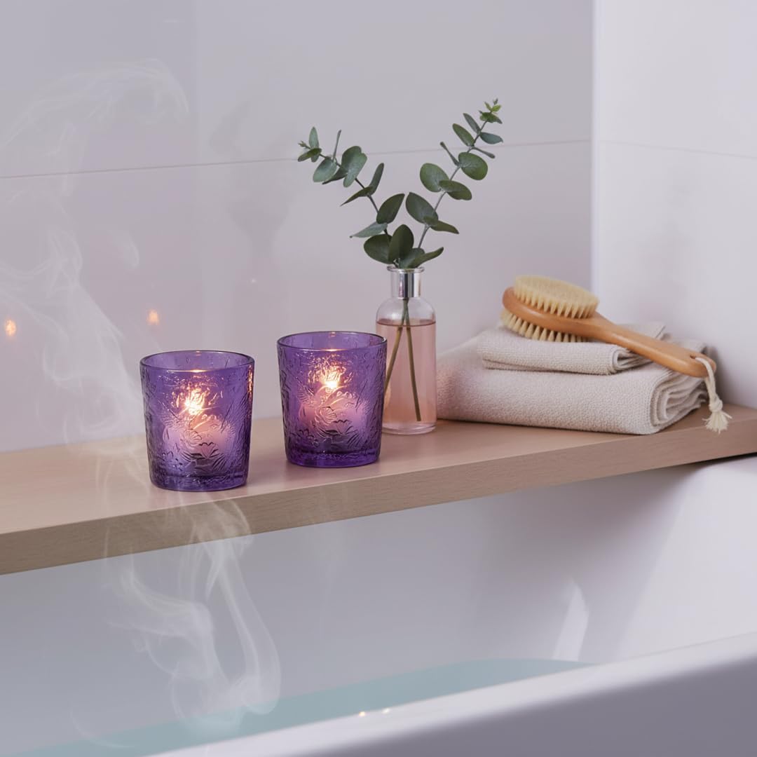 12 Pack Hummingbird Embossed Glass Candle Holders – Votive Tealight Holders with Patent Design, Decorative Embossed Glass Cups for Wedding Centerpieces, Parties, and Home Décor (Amethyst Bloom)
