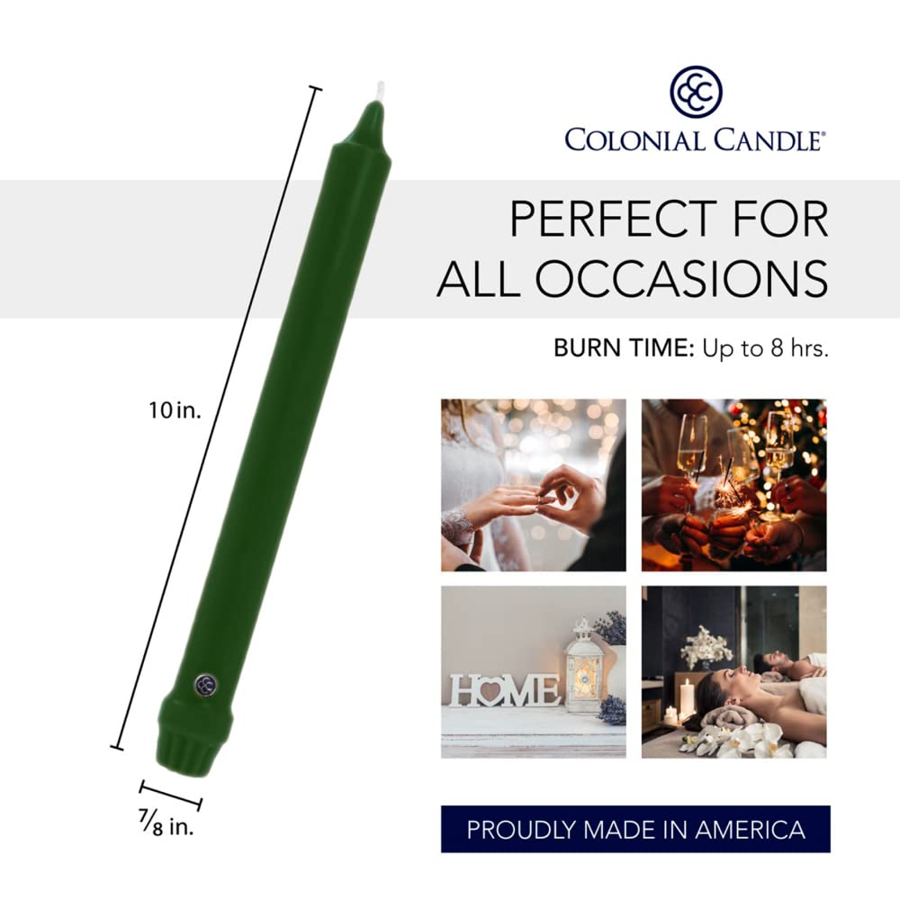 Colonial Candle Unscented Taper Candle, Classic Collection, Evergreen, 10 in, Pack of 6 Candlesticks - Up to 8 Hours Burn