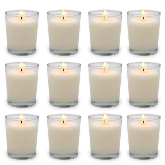 Set of 12 White Votive Candles for Home Décor Weddings Holidays Party and DIY, Unscented Soy Wax Candle Filled in Clear Glass