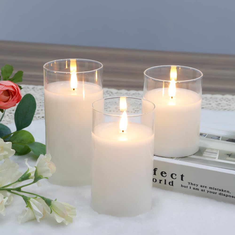 JHY DESIGN Set of 3 Glass Wax Flameless Candles 3D LED Candles White Wax Flickering Battery Candles with 8-Key Remote Control Timer for Home Wedding Party Christmas(Pivoted Flame-Shaped Tip)
