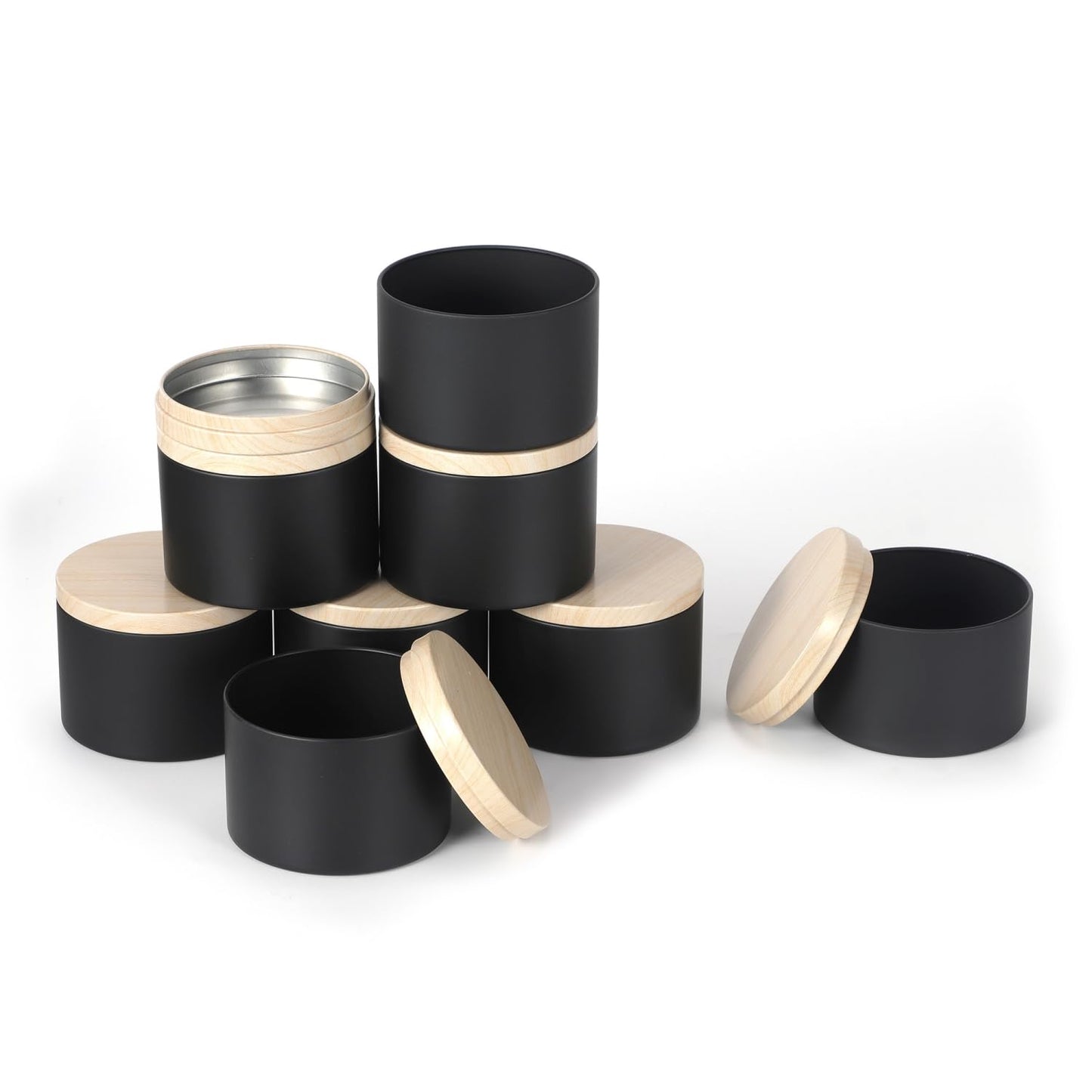 SONVIIBOX 24 PCS 4oz Candle Tins, Black tins with Wood-Grain Metal lids,Candle Jars for Making Candles Bulk,4 oz Candle Jars,Tin Jars for Candle Making (4OZ, Black)