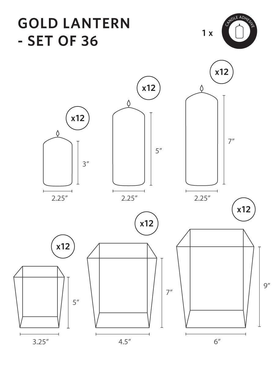 Yummi Set of 36 Slim Pillar Candles & Gold Luxus Lanterns - Sandstone
