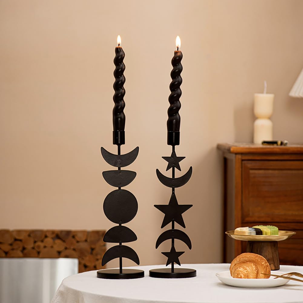 Iron Taper Candle Holder Matte Black Tall Star Moon Candlestick Holders Decorative Candle Stand Candlestick Holder for Wedding, Dining Table, Party Home Decoration (B)