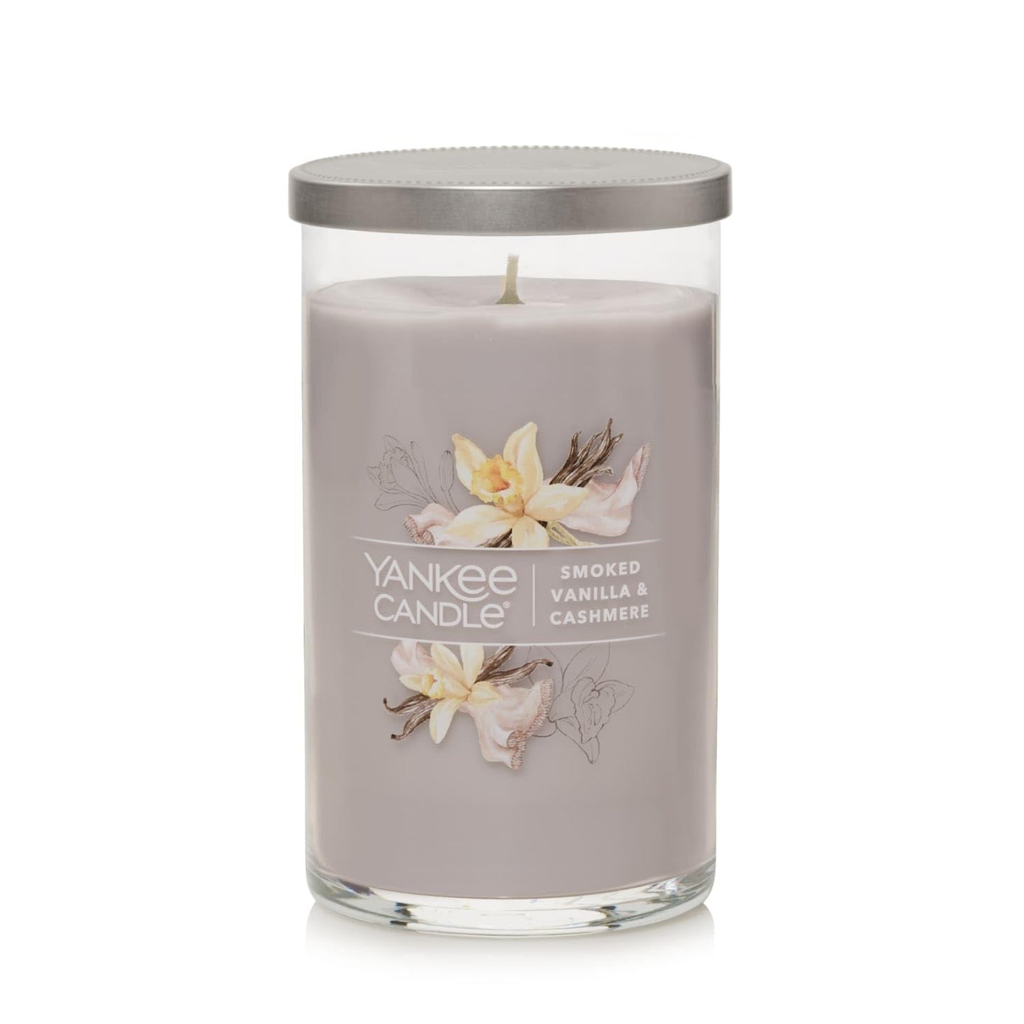 Yankee Candle Signature Medium Pillar Candle, Smoked Vanilla & Cashmere, Light Gray, Metal Lid, Premium Plant Wax Blend, Two Natural Fiber Wicks, Up to 115 Hours Burn Time
