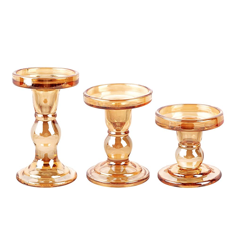 BTGLLAS 3-Piece Set of Glass Candlestick, Crystal Candlestick Holder Holder and Conical Candle, Christmas Candle Holder Decoration, Family Living Room Wedding Candle Holder (7 Colour)