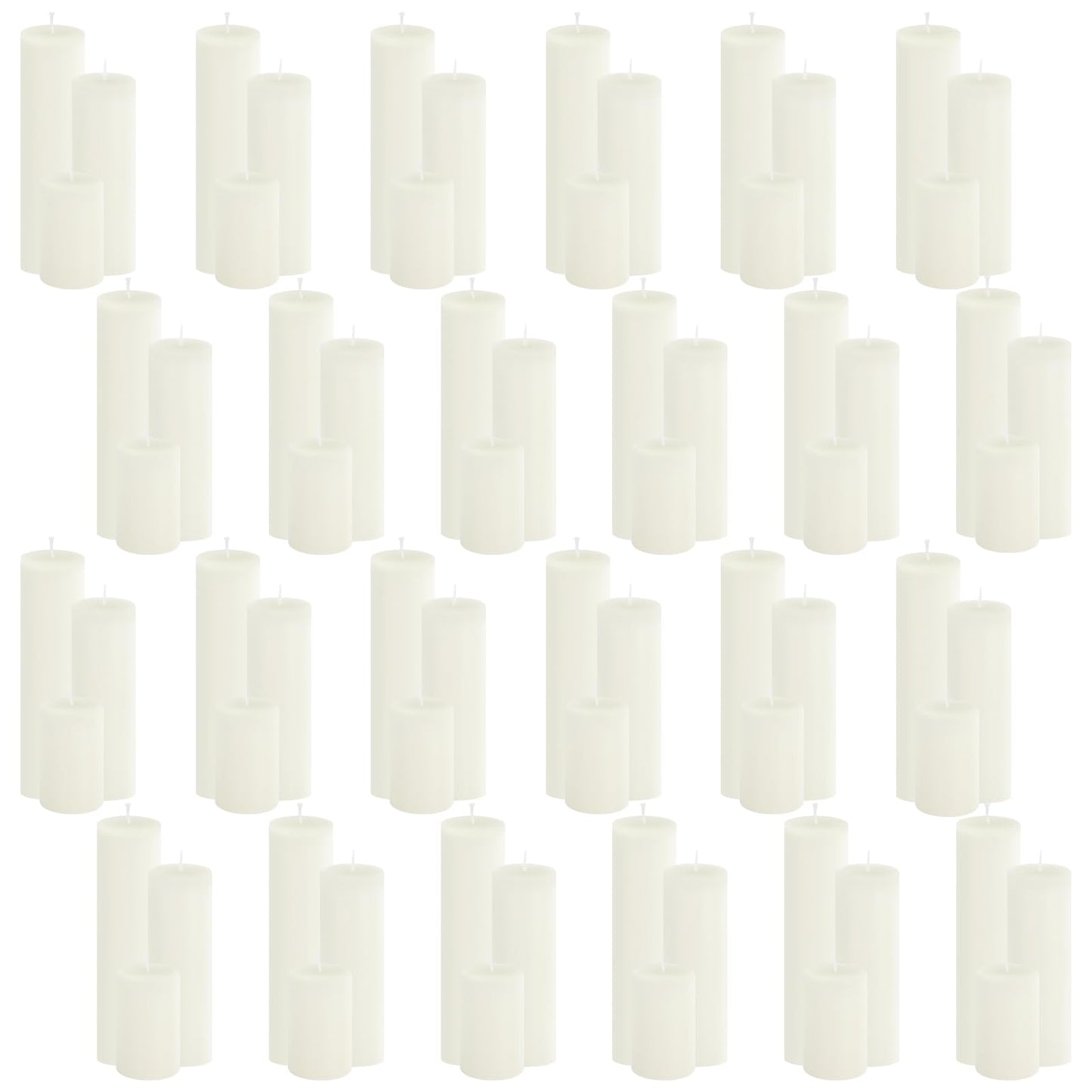 Trxvxo 72 Pcs White Pillar Candles Bulk Set: 2 x 3/6/8 Inch (24 Each), Dripless Unscented Smokeless Hurricane Candles for Creating Warm Elegant Atmosphere at Weddings, Parties and Events.