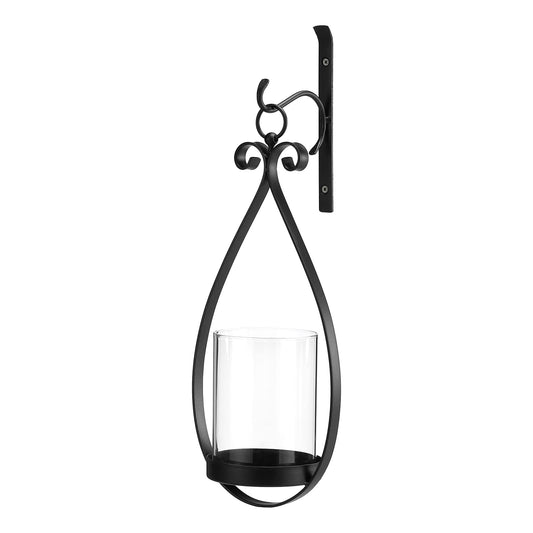 Wisiron Hanging Water Drop-Shaped Wall Sconce Wall Mounted Hurricane Candle Holder Glass & Metal Farmhouse Handcrafted Wall Art Decorations, Black HT21-0204B
