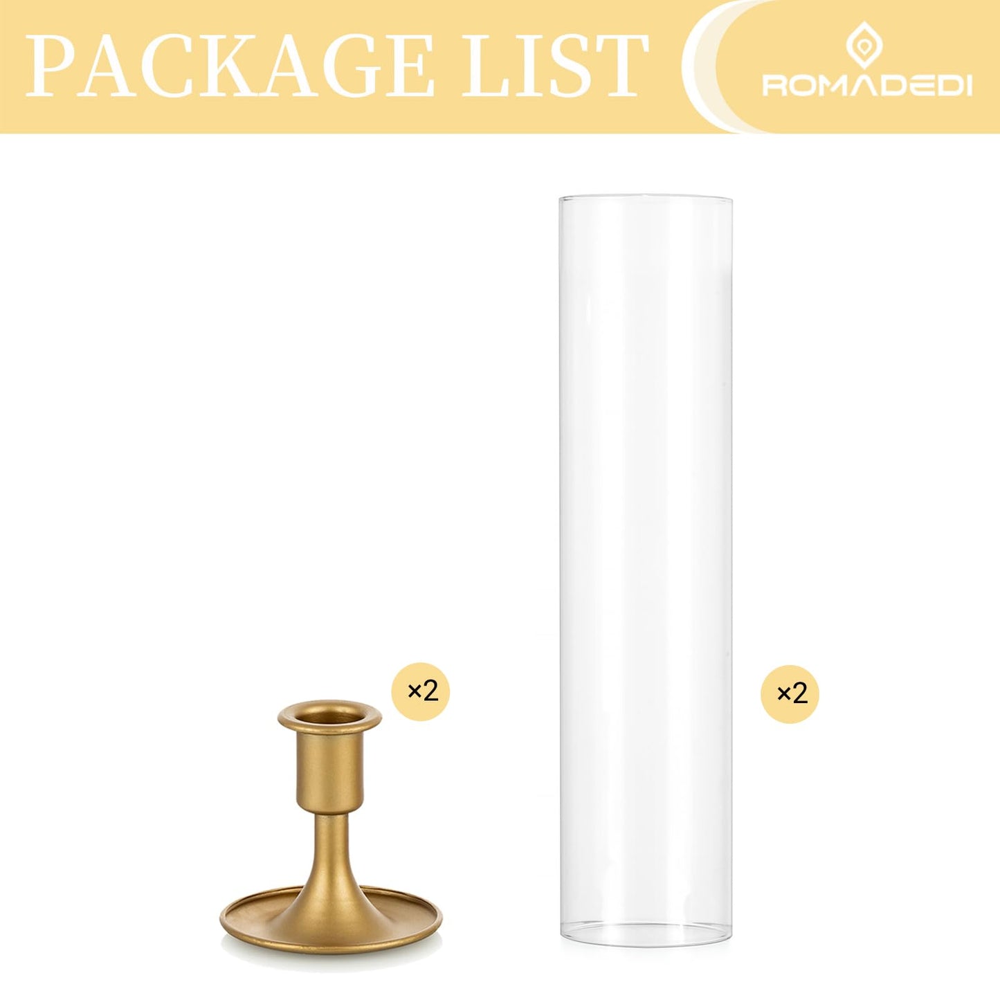 Romadedi Hurricane Candlestick Holders Gold - Taper Candle Holders Tall Clear Glass Cylinder for Wedding Table Centerpieces Party Decor Birthday Christmas Home Decorations Set of 2