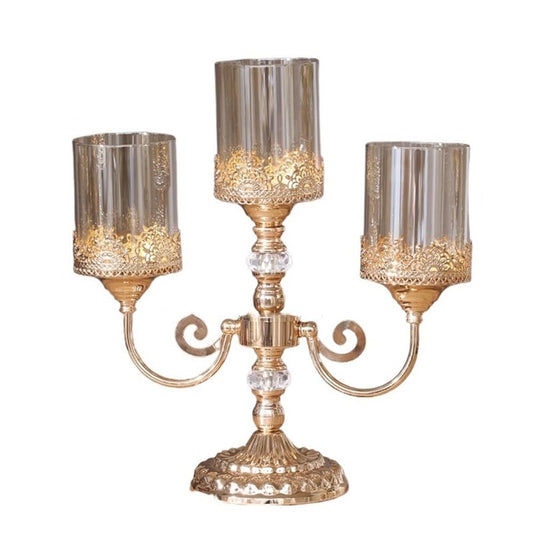 cfycfy987 Candelabra Luxury Metal Glass Three-Headed Candlestick Vintage Living Room Dining Table Decoration Candle Holder Ornament Candle Sticks Holder
