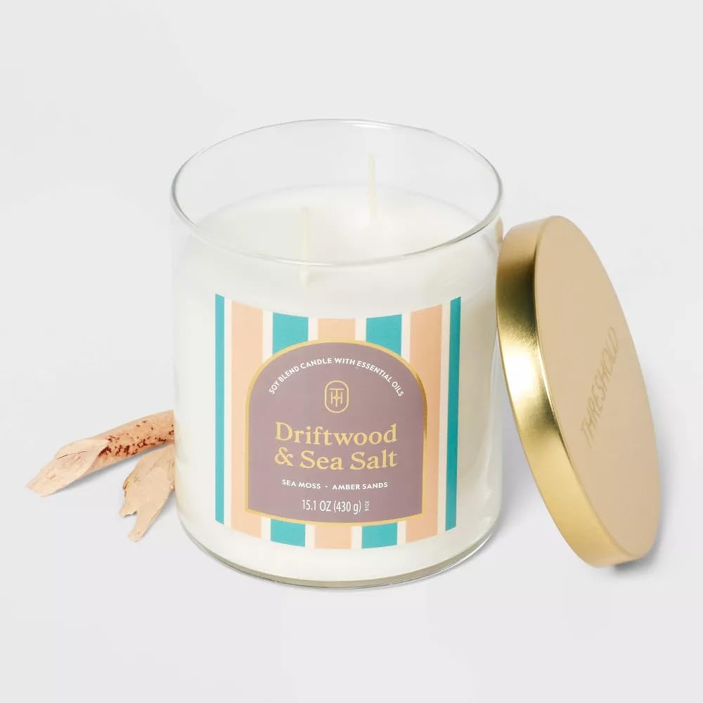 Threshold 2-Wick Lidded Glass Jar Candle (15.1oz, Driftwood and Sea Salt)