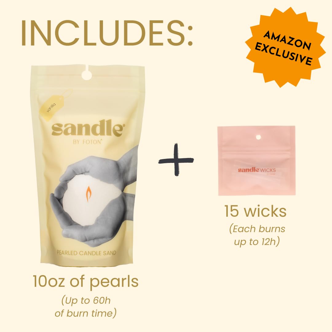 Sandle by Foton Pearled Candle 10 Oz – Vanilla, Non Toxic Luxury Long Lasting Sand Candles up to 60 Hours - Refillable Candle Sand with 15 Wicks for Candles Making