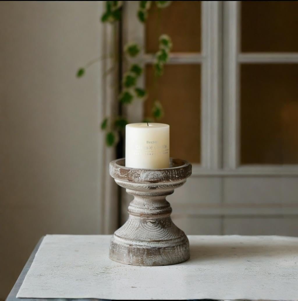 SOFE Decorative Pillar Candle Holder, Rustic Wood Candle Holders for Table Centerpiece, Handmade Farmhouse Candle Holders, Antique Wooden Candlestick Holders Gift for Wedding, Party, Home