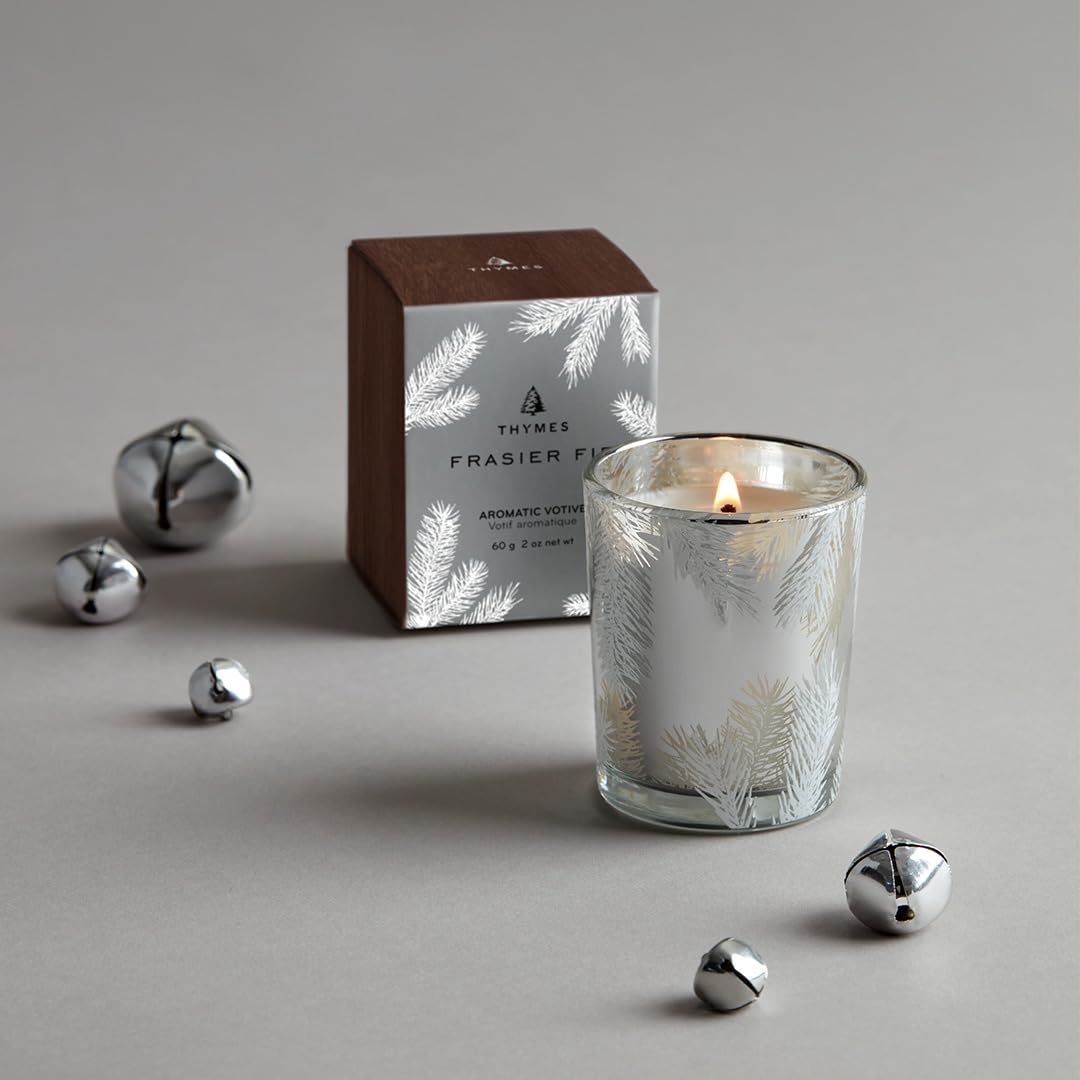 Thymes Frasier Fir Candle – Pine Needle Design – Holiday Scented Candle – Notes of Crisp Siberian Fir, Cedarwood & Sandalwood – Luxury Home Fragrance Gifts for Women & Men – Silver (Statement, 2 oz)