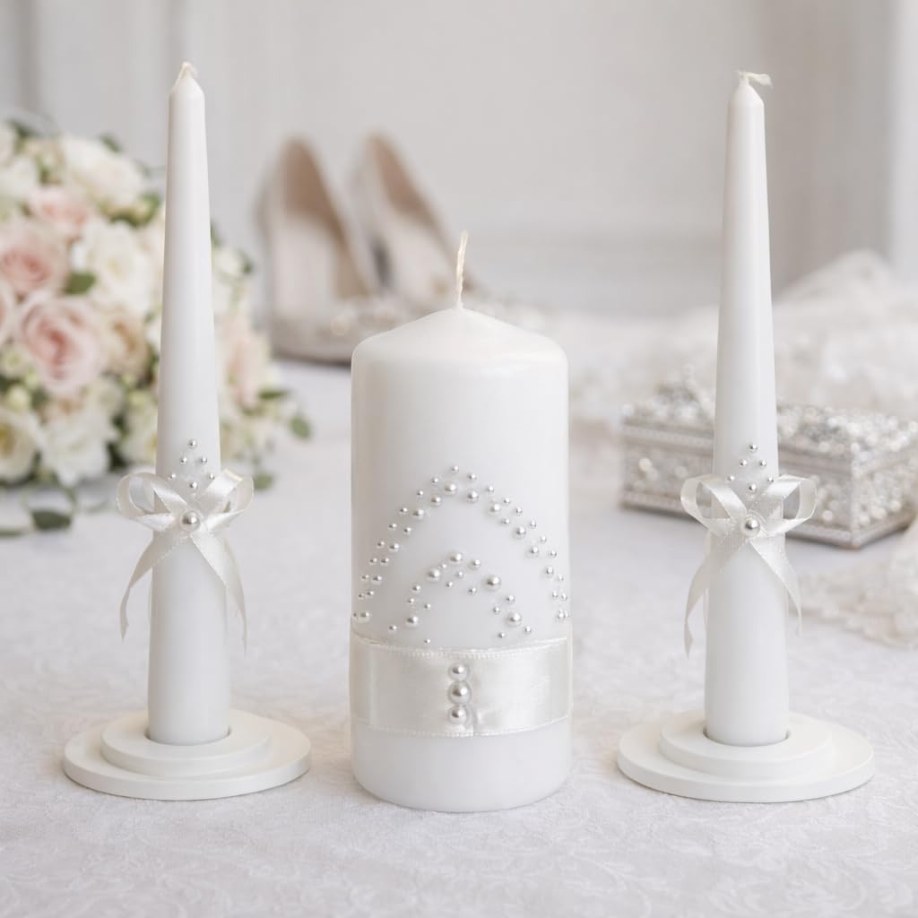 Magik Life Unity Candle Set - Wedding Ceremony & Reception – 6” Pillar & Two 10” Taper Candles – Long Burning Unity Candles for Marriage Ritual – Handmade in USA – White | Satin