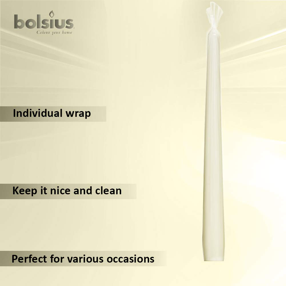 BOLSIUS Ivory Taper Candles - 12 Pack Individually Wrapped Unscented 10 Inch Dinner Candle Set - 8 Burn Hours - Premium European Quality - Smokeless & Dripless Household Wedding & Party Candlesticks