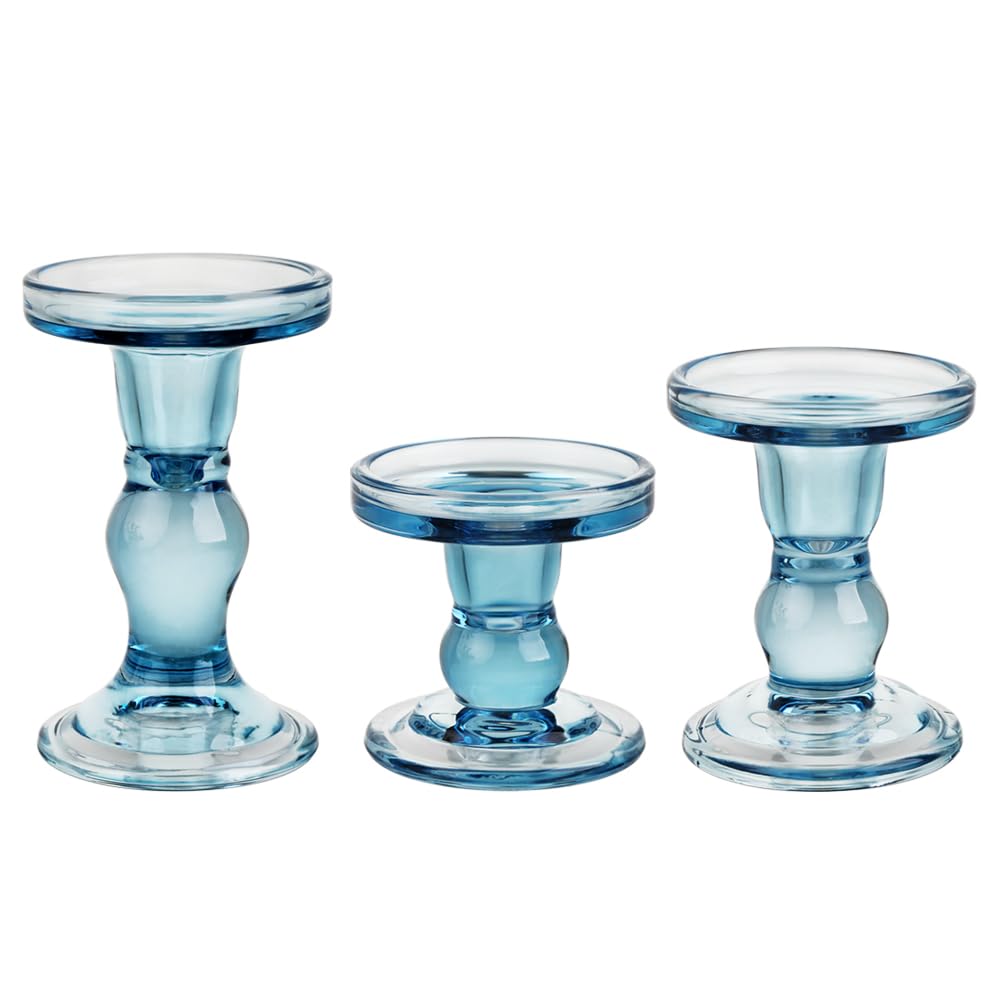 BTGLLAS 3-Piece Set of Blue Glass Candlestick, Crystal Candlestick Holder Holder and Conical Candle, Christmas Candle Holder Decoration, Family Living Room Wedding Candle Holder (Blue)