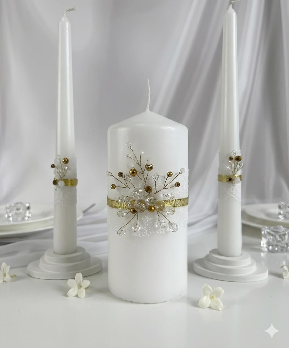 Magik Life Unity Candle Set - Wedding Ceremony & Reception – 6” Pillar & Two 10” Taper Candles – Long Burning Unity Candles for Marriage Ritual – Handmade in USA – Diamond |Gold